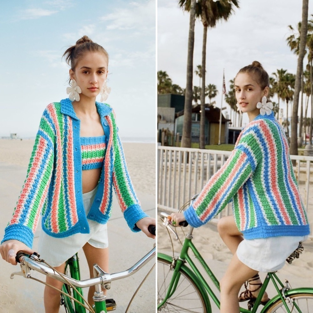 ZARA Colorful Striped Button Up Cable Knit Cardigan Sweater Women’s Size Medium